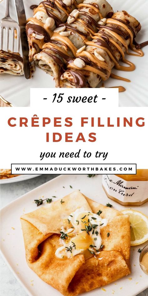 If you're a massive fan of crêpes like me, then you'll love my top 15 Crêpes Filling Ideas. Make yourself a batch of crêpes and get creative with these fillings. Each one is as delicious as the next and they'll be sure to satisfy. Essen, Crepe Ideas Savory, Sweet Breakfast Crepes, Mascarpone Crepe Filling, Crepes Topping Ideas, Dessert Crepes Filling, Toppings For Crepes, Dessert Crepes Ideas, What To Put On Crepes