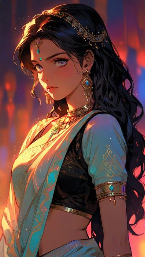 Draupadi Painting, Anime Indian, Dress India, Aesthetic Case, Arabian Princess, Chinese Historical Drama, Dreamy Artwork, Woman Sketch, Cool Anime Backgrounds