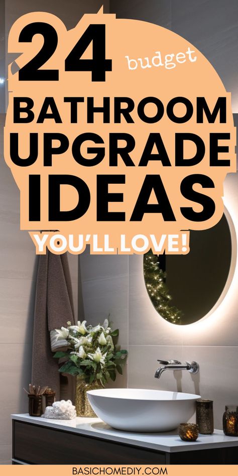 24 budget bathroom upgrade ideas that you'll love to try in your home or rental apartment. Perfect for DIY enthusiasts to transform a bathroom with affordable storage solutions, modern bathroom fixtures, or farmhouse decor. Upgrade your bathroom on a budget with paint, LED backlit mirror, bathroom vanity, bathtub, sink, or bathroom cabinet ideas. From a small to a large bathroom, these trendy bathroom ideas will enhance lighting, and maximize storage with these stylish and cheap decor ideas. How Decorate Bathroom Ideas, Modern Bathroom Ideas On A Budget, Rustic Bathroom Diy Ideas, Half Bathroom Makeover On A Budget, Bathroom Artwork Ideas Diy, Rental Decorating Bathroom, Upgrade Apartment Bathroom, How To Style A Small Bathroom, Diy Black Decor