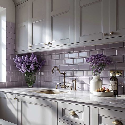 10+ Purple Kitchen Backsplash Designs for a Touch of Elegance • 333+ Art Images Alicante, Purple Splash Back Kitchen, Kitchen With Purple Accents, Grey And Purple Kitchen, Purple Aesthetic Kitchen, Light Purple Kitchen Cabinets, Purple And Blue Kitchen, Cute Backsplash Kitchen, Purple Backsplash Kitchen