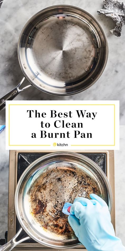 Best Way to Clean a Burnt Pan - Skills Battle | Kitchn Diy Household Tips, Burnt Pan, Cleaning Burnt Pans, Clean Burnt Pots, Cleaning Pans, Cold Soups, Remove Rust Stains, How To Clean Rust, Dishwasher Tablets