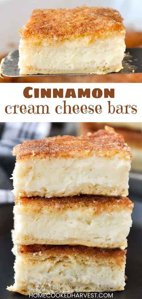 These 6-ingredient Cinnamon Cream Cheese Bars have a thick layer of cream cheese nestled between two layers of flaky crescent roll crust. Cream Cheese Crescent Roll Dessert, Cinnamon Cream Cheese Bars, Cheesecake Crescent Rolls, Crescent Roll Recipes Dessert, Cheese Bars, Bar Desserts, Cream Cheese Bars, Cinnamon Cream Cheese, Cream Cheese Desserts