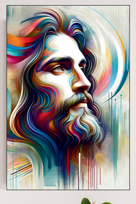 colorful picture of Jesus in frame on wall, just his head Papa Jesus, Sunday School Classroom Decor, Contemporary Christian Art, Jesus Poster, Wall Decor Colorful, Modern Christian Art, Jesus Wall Art, Religious Artwork, Jesus Christ Artwork