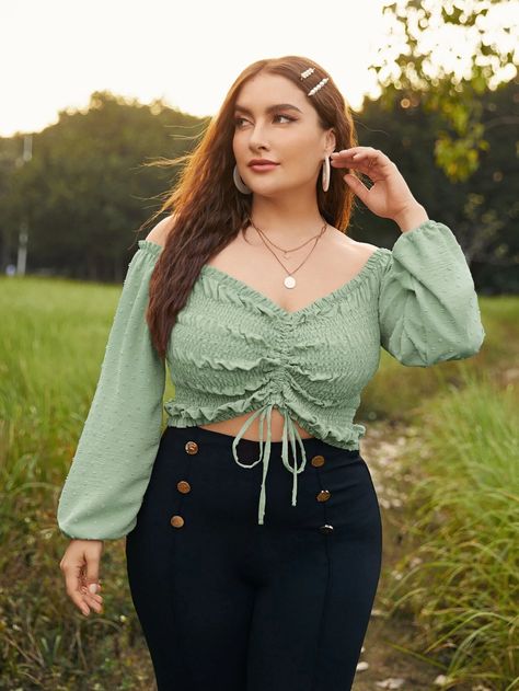 Plus Solid Shirred Drawstring Front Crop Top | SHEIN USA Crop Top Outfits, Croped Plus Size, Plus Size Crop Top Outfit, Plus Size Crop Tops, Plus Size Summer Outfits, Front Crop Top, Top Shein, Summer Plus Size, Looks Plus Size