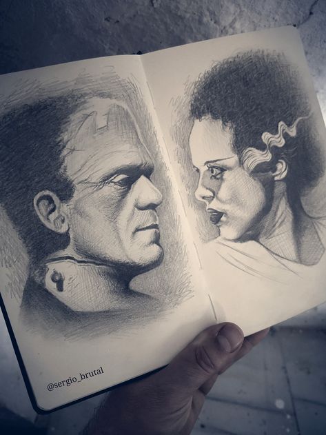 Frankenstein and The Bride of Frankenstein(Quick Sketch) Frankenstein Drawing, Frankenstein And The Bride, Frankenstein Bride, Ideas Dibujo, The Bride Of Frankenstein, Horror Drawing, Geisha Art, Bride Of Frankenstein, Dark Corners