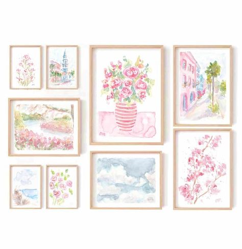 OksanaMDesigns - Etsy Australia Shabby Chic Art Prints, Pink Blue Gold Living Room, White Framed Gallery Wall, Light Pink Artwork, Wall Art Bedroom Blue, Boujee Farmhouse Decor, Cute Things To Hang On Your Wall, Wall Print Set Of 3, Watercolor Art For Bedroom