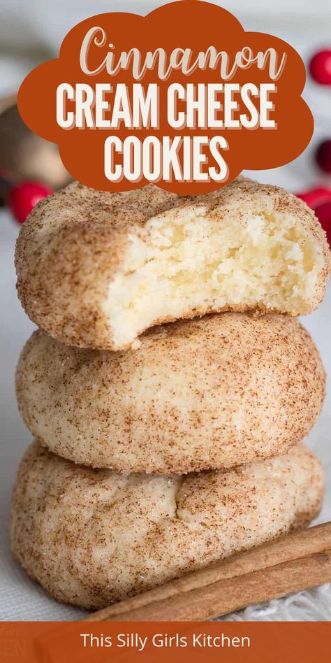 cinnamon cream cheese cookies lined on top each other Cream Cheese Cookie, Recipes Using Cream Cheese, Cheese Cookies Recipe, Classic Cakes, Cinnamon Cream Cheese, Cream Cheese Desserts, Cheese Cookies, Cream Cheese Cookies, Cheese Dessert