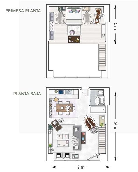 Un loft de altos vuelos Loft Apartment Layout, Loft Apartment Floor Plan, Loft House Plans, Loft Houses, Small Loft Apartments, Loft Layout, Loft Floor Plans, Tiny Loft, Loft House Design