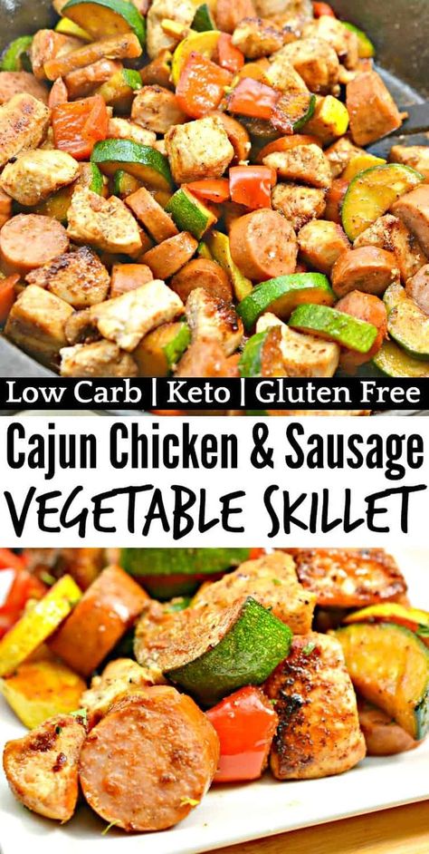 Keto Cajun Chicken and Sausage Vegetable Skillet #keto #ketorecipes #cajunchickensausages #ketodinner Keto Cajun Sausage Recipes, Cajun Keto Recipes, Keto Cajun Recipes, Chicken And Kielbasa Recipes, Keto Cajun Chicken, Stuff Potatoes, Chicken And Vegetable Recipes, Sausage Vegetable Skillet, Sausage Keto