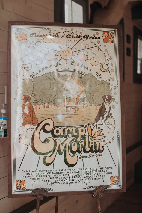 Festival themed wedding signage Camp Signage, Camping Wedding Theme, Adult Summer Camp, Camp Wandawega, Summer Camp Themes, Campground Wedding, Festival Themed Wedding, Summer Camp Wedding, Outdoor Festival