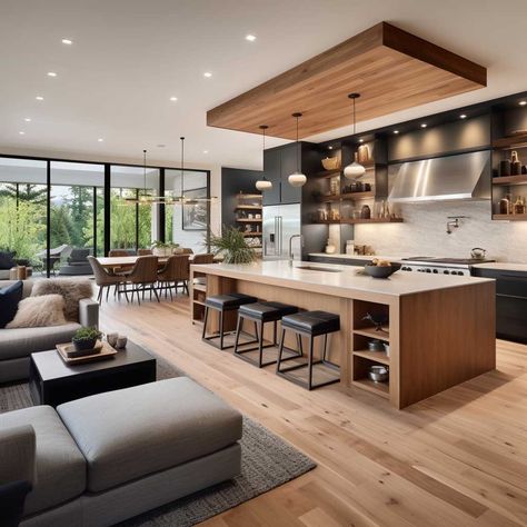 Living Room Kitchen Combo, Casa Open Space, Organic Modern Kitchen, Open Space Living Room, Modern Kitchen Open, Open Concept Kitchen Living Room, Open Kitchen And Living Room, Landscaping Flowers, Open Plan Kitchen Dining