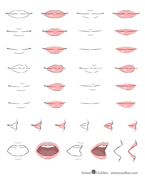 Anime lips drawing examples Anime Mouth Tutorial Step By Step, Mouth Shapes Reference, Drawing Anime Mouths Female, Character Lips Drawing, Character Mouth Design, Half Open Eyes Drawing, How To Draw Open Mouth Step By Step, Anime Drawings Tutorials Mouth, Manhwa Mouth Drawing