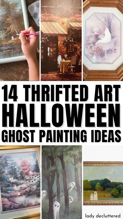 14 Thrifted Art Halloween Ghost Painting Ideas Thrifting Halloween Decor, Ghosts Added To Old Paintings, Thrifted Painting Halloween, Painted Halloween Pictures, Making Paintings Spooky, Halloween Goodwill Painting, Ghost Goodwill Painting, Ghost Painting Trend Ideas, Ghost Added To Painting