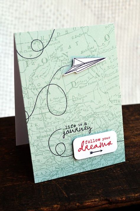 Happy Journey Card, Airplane Cards Handmade, Bon Voyage Cards Handmade, Airplane Card, Bon Voyage Cards, Farewell Cards, Map Background, Retirement Cards, Paper Airplane