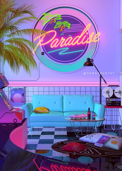 Paradise 80s, retro aesthetic poster by Denny Busyet Denny Busyet, 80s Poster, Architecture Restaurant, Wave Poster, Wallpaper Retro, Neon Room, Retro Room, New Retro Wave, 80s Aesthetic