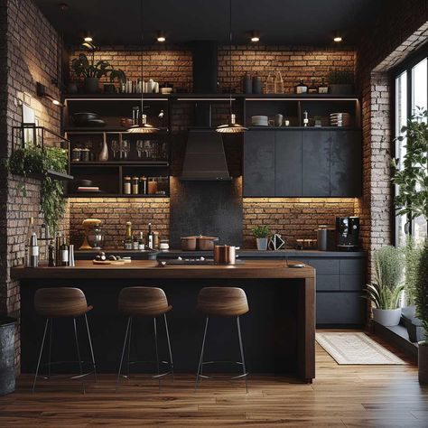 Navigate the Moody Farmhouse Kitchen Trend with Ease • 333+ Art Images Kitchen Moody Dark, Copper And Blue Kitchen Ideas, Black Kitchen Cabinets With Brick Wall, Dark Wood Cabinets Black Countertops, Small Kitchen One Wall, Loft Salon Ideas, Dark Boho Kitchen, Industrial Interior Design Kitchen, Epoxy Kitchen Countertops