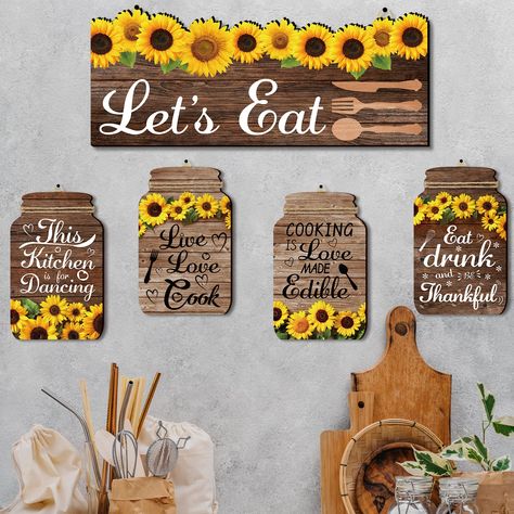 PRICES MAY VARY. ✔️【KITCHEN SIGNS】You will receive 5pcs sunflower kitchen decorations with hemp ropes, including 4pcs 5" × 8" mason jar and 1pc 5.4" × 12" rectangular shaped wooden board, enough to meet your decorative needs. ✔️【SUNFLOWER DESIGN】The kitchen wooden decor is printed with 3D vivid sunflower patterns and classic kitchen terms like "Let's Eat", "Eat, drunk, and Thankful" and more, matching with the kitchen-themed mason jar shape, which can bring much fun to your home. ✔️【PREMIUM MATE Sunflower Kitchen Decor Ideas Farmhouse, Kitchen Wall Decorations, Sunflower Stuff, Sunflower Themed Kitchen, Sunflower Mason Jar, Rustic Wooden Signs, Sunflower Room, Bee Hive Craft, Sunflower Home Decor