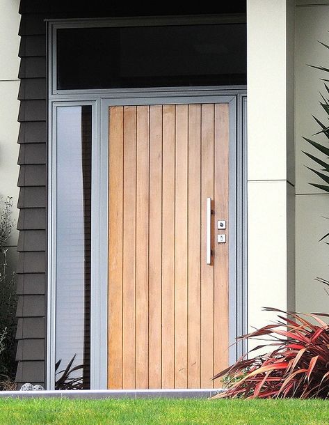 Timber Front Door Styles At Life Solid Entry Door, Modern Cedar Front Door, Solid Timber Front Door, Modern Entryway Door, Slat Wood Door, Timber Door Design, Wooden Doors Entrance Front Entry, Modern Wooden Front Door, Cedar Front Door