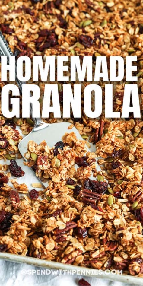 Homemade Granola is hearty, healthy, and super flavorful! Throw into some yogurt or make into granola bars for a quick on-the-go breakfast! #spendwithpennies #homemadegranola #granola #recipe #ovenbaked #breakfast #snack #healthy #easy #best Easy Granola Recipe, Easy Homemade Granola, Homemade Granola Healthy, Granola Recipe Healthy, Easy Granola, Best Granola, Granola Recipe Homemade, Baked Granola, Snack Healthy