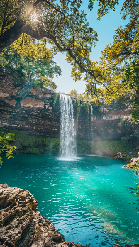 A stunning waterfall cascading into a turquoise pool surrounded by lush greenery, creating a serene and picturesque natural oasis. Nature, Pretty Places Wallpaper, Beautiful Travel Places, Pretty Places Nature, Pretty Scenery Nature, Beautiful Vacation Places, How Pinterest Sees Me Place, Aesthetic Places Nature, Beautiful Pics Of Nature