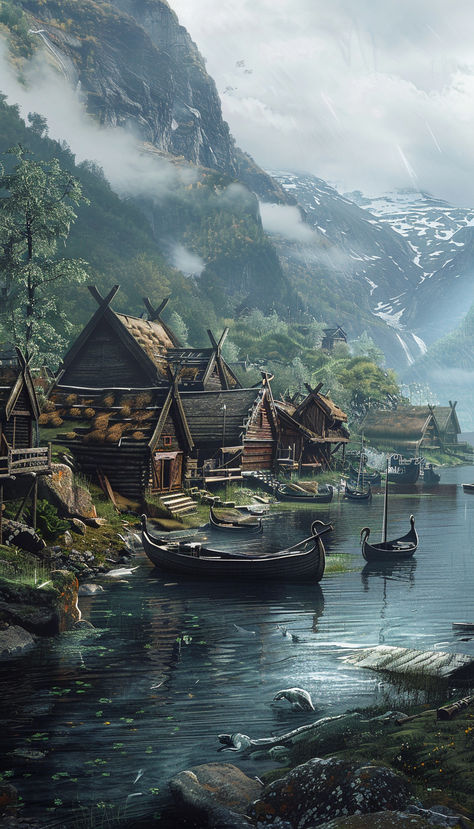 Viking Village Setting mountainside cottages longboats Viking Pirate Art, Medieval Viking Aesthetic, Viking Concept Art Environment, Viking Fantasy Art Landscape, Viking Landscape Art, Norway Fantasy Art, Port Town Concept Art, Mountain Fantasy Village, Viking Building Concept Art