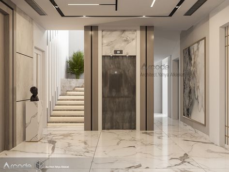 Modern Lobby Design Home, Elevator With Stairs, Stairs And Elevator Design, Villa Entrance Design Interiors, Villa Entrance Design Exterior, Entrance Design Modern, Elevator In House, Entrance Lobby Design Residential, Lift Cladding