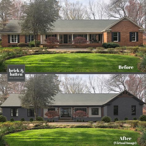 See how brick&batten designers, architects, and graphics turn these traditional ranch homes into absolute stunners..with before & after curb appeal makeovers. According to Zillow, 9 of 10 houses, in the 1950’s and 60’s were ranch style.  As the 80’s hit, people were opting for more square footage; however, the McMansion trend is quickly coming to an end and the 50’s ranches are BACK in a big way. Ranch homes are in high demand and ready to be updated.So let's get started in updating yours! Dark Siding Light Brick, Blank Wall Front Of House Exterior, Dark Ranch House Exterior, Black Brick Exterior House, 1960s Ranch House Exterior, Ranch Style Homes Exterior, Style Homes Exterior, Brick Ranch Houses, Garage Extension