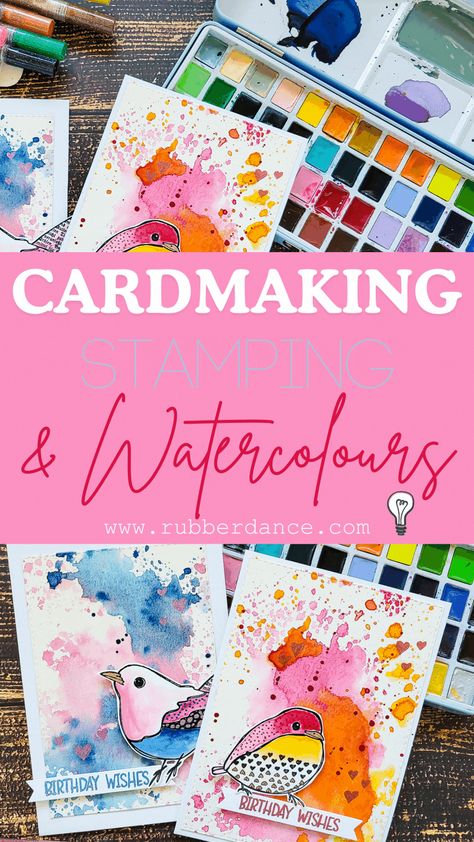 Watercolor With Stamps, Simple Watercolor Birthday Card Ideas, Homemade Cards Watercolor, Watercolor Greeting Card Ideas, Diy Watercolour Card, Painted Cards Ideas, Watercolor Greeting Cards Diy, Watercolor Greeting Cards Handmade, Hand Painted Cards Ideas