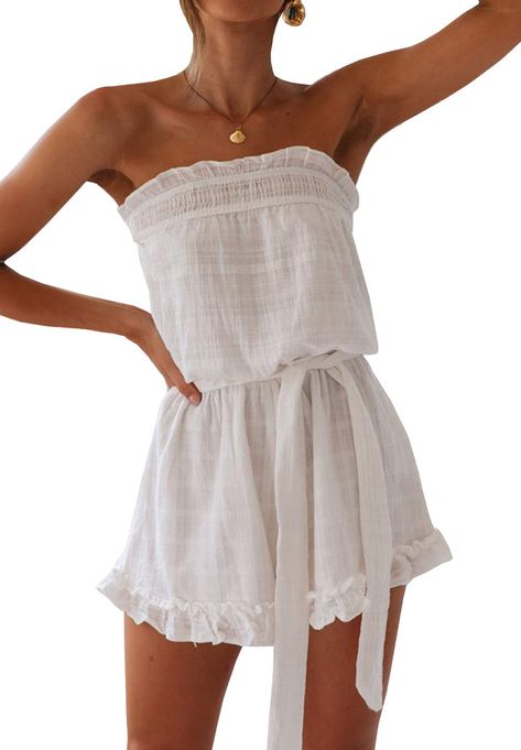 PRICES MAY VARY. Material: Linen / Polyester Ruffles, Tassel, Strapless, Sleeveless Tube Top Short Romper with Belt Perfect for Summer, Casual, Beach Vacation Hand Wash ,Do not bleach, Do not tumble dry Please Refer to the Product Description for Detailed Size Information Below Before Ordering Style#1 :   S (US 4/6) :---Length:63 cm / 24.5 inch--------Chest: 64-100 cm / 25-39 inch-----------Hip: 153cm / 60 inch  M (US 8/10) :Length:64 cm / 25 inch-----------Chest: 68-104 cm / 26.5-40.5 inch----- Boating Outfit Women, Hamptons Outfit, Bahamas Outfit, Tube Top Outfits, Top Summer Outfits, Short Playsuit, Short Romper, Bachelorette Outfits, Linen Romper