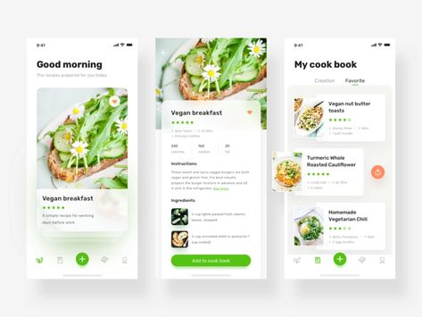 a vegetarian app design by J.Fong for VisualMaka on Dribbble Review Ui, Nutrition App, App Design Layout, Desain Ui, Breakfast Ingredients, Diet Apps, Mobile App Design Inspiration, Cooking Dishes, Ux Design Inspiration