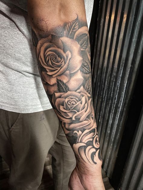 Half Sleeve Roses Tattoo, Rose Tattoo Inner Forearm, Greek Rose Tattoo, Backside Forearm Tattoo, Roses Forearm Tattoo Men, Roses On Forearm Tattoo, Forearm Tattoo Men Rose, Wrist Sleeve Tattoo Men, Rose Tattoo Forearm For Men