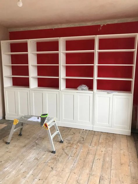 Upgrade Ikea Bookcase, Bookshelves Accent Wall, Ikea Wall Shelves Hack, Built In Bookshelves Cathedral Ceiling, Billie Bookcase Hack Built Ins, Ikea Library Wall, Havsta Ikea Ideas, Diy Library Wall, Ikea Havsta