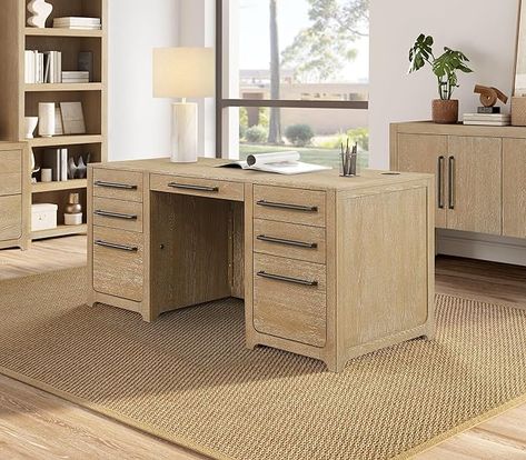 Amazon.com: Martin Furniture Modern Wood Double Pedestal Executive, Writing Table, Office, Fully Assembled, Light Brown Desk : Home & Kitchen Light Brown Desk, Light Wood Desk, Furniture Pedestal, Kids Bookcase Storage, Brown Desk, Executive Office Desk, Dining Table Sale, Office Storage Cabinets, Desk Size