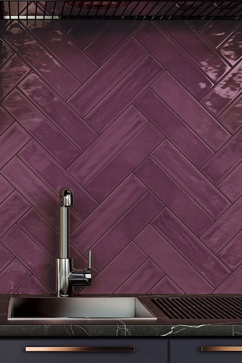 Purple Tile, Small Full Bathroom, Half Bathroom Decor, Purple Kitchen, Polish Ceramics, Rich Burgundy, Shower Niche, Purple Walls, Bathroom Shower Tile