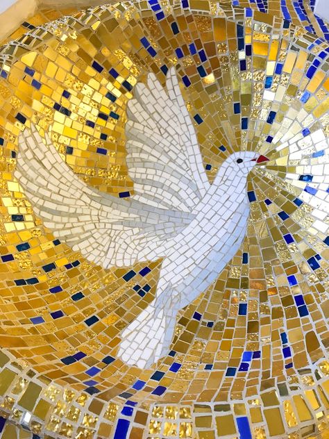 Sacred Heart University Chapel Baptismal Font | Modern Mosaic Arts Mosaic Birds Template, Mosaic Animal Patterns Templates, Christian Mosaic, Mosaic Designs Pattern, Holy Spirit Art, Sacred Heart University, Abstract Mosaic Art, Baptismal Font, Modern Mosaic