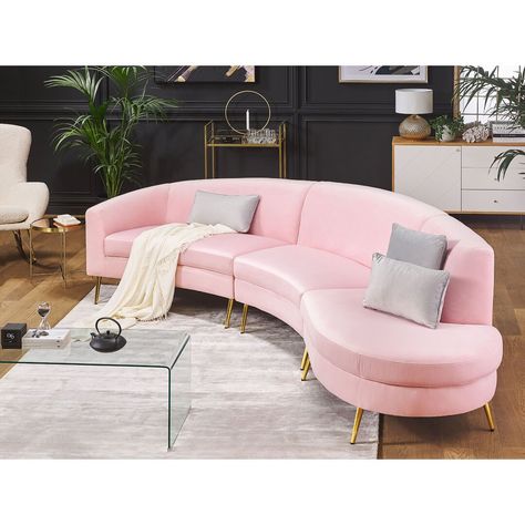 This charming sofa with its curved shape and retro-inspired design make for an ideal focal point of every living area. The upholstery of the piece is made of soft to the touch velvet fabric in a beautiful pink colour, which works perfectly well with grey or beige accessories, like cushions and blankets. The whole design of the furniture is emphasised with the gold, metal legs, which add a glam feel to the piece. Thickly padded seat and high backrest guarantee utter comfort during long conversati Beige Accessories, Rosa Sofa, Pink Armchair, Xxl Sofa, Luxury Room Bedroom, Retro Sofa, Modul Sofa, Pink Sofa, Big Sofas