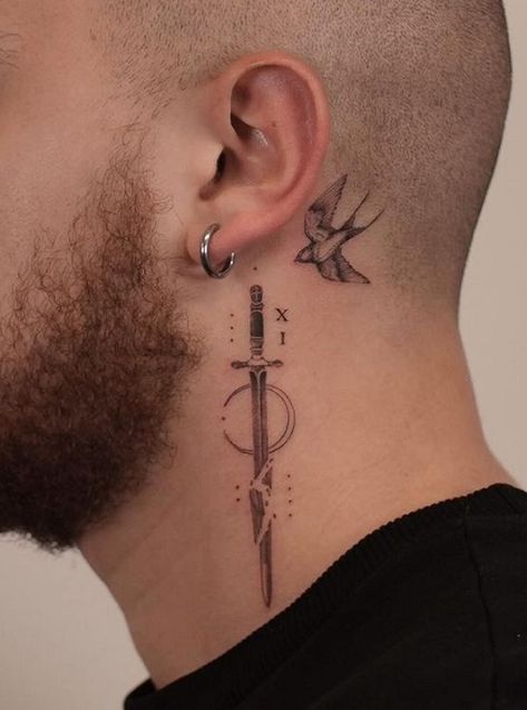 Neck Tattoos For Guys Men, Men’s Neck Tattoos Small, Men's Neck Tattoo, Tattoo Ideas For Men On Back, Side Neck Tattoo Ideas For Men, Tattoos On Neck Men, Small Tattoos Neck Men, Tattoo Di Leher, Below The Knee Tattoo Men