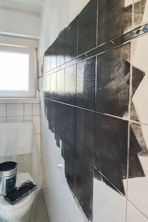 How To Paint Shower Tiles, Painting Bathroom Tiles Walls, Painting Bathroom Tiles Black, Bathroom Wall Tile Paint, How To Paint Tile Walls In Bathroom, Painting Wall Tiles Bathroom, Paint Over Bathroom Tile Walls, Tiled Wall Bathroom Ideas, Painting Over Bathroom Tile Walls