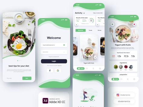 Diet App Concept by Mauricio Lopez Android App Design, Desain Ux, Diet App, Ui Ux 디자인, App Design Layout, Ux App Design, Desain Ui, Diet Apps, App Concept