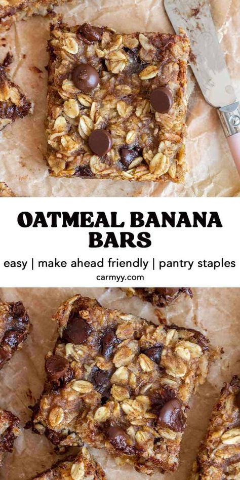 Made with pantry staples, this banana oatmeal bars recipe is perfect for breakfast or as a snack! Full of wholesome ingredients, these oatmeal banana bars will keep you feeling full and satisfied. Healthy Recipes With Bananas And Oats, Paleo Oatmeal Bars, Banana Oats Chocolate Chips, Banana Oat Granola Bars, Healthy Banana Granola Bars, Oat Bars Breakfast, Paleo Banana Bars, One Overripe Banana Recipes, Oatmeal Banana Breakfast Bars