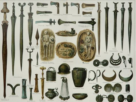 Bronze Age weapons, jewelry and burials. German chromolithograph, 1894. Celtic Art, Celtic Warriors, Ancient Celts, Celtic Culture, Ancient Warfare, Iron Age, Antique Maps, Mesopotamia, Bronze Age