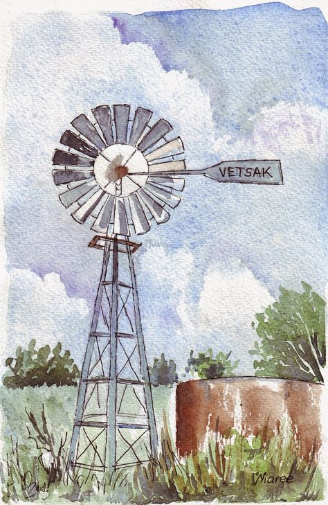 Windmill Drawing, Windmill Art, Art And Creativity, Arte Folk, Farm Paintings, Pastel Sec, Barn Painting, Art Creativity, Cow Art