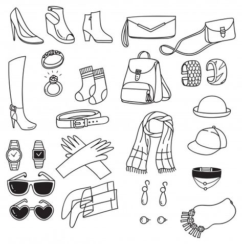 Set of fashion accessories doodle isolated on white background Premium Vector Fashion Doodles Clothes, Fashion Doodles Illustration, Accessories For Drawing, Fashion Doodle Art, Fashion Accessories Drawing, Accessories Drawing Reference, Doodle Accessories, Accessories Drawings, Clothing Doodles