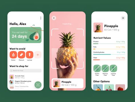 Healthy Eating App by Olha Vdovenko Healthy Food App Design, Diet App Design, Nutrition App Design, Nutrition App Ui Design, Healthy Food App, Food Tracker App, Drink App, Note App, Lifestyle App