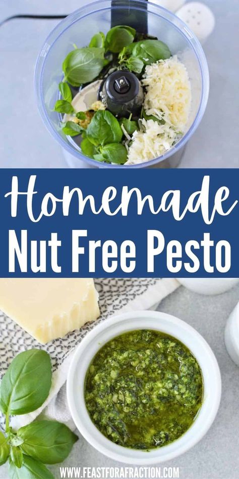 No Pine Nut Pesto, Pesto Nut Free Recipe, Homemade Basil Pesto Recipe Nut Free, No Nuts Pesto Recipe, Nut Free Basil Pesto, Pesto Recipe Without Nuts Or Seeds, Easy Homemade Pesto, Homemade Pesto Recipe Easy, Pesto With No Nuts Recipe