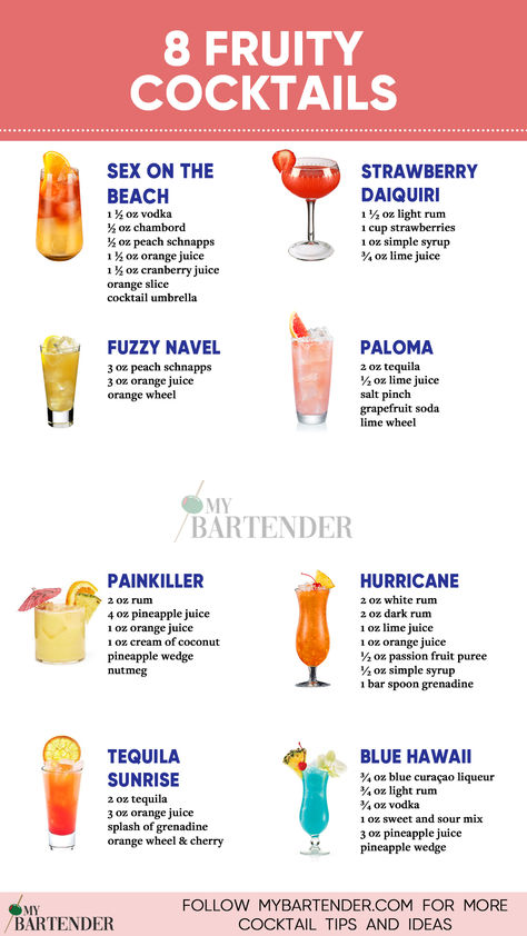 Fruity Cocktails Bar Drinks For Ladies, Best Fruity Cocktail Recipes, High Alcohol Content Drinks, Fruity Drink Recipes Alcohol, Sweet Fruity Cocktails, Best Fruity Cocktails, Smooth Alcoholic Drinks, Strong Fruity Alcoholic Drinks, Cocktail Recipes Sweet