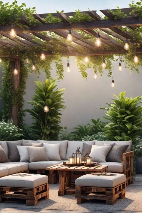 Cozy outdoor seating area with a wooden pergola, hanging string lights, and lush green plants. Bar Pallet Ideas Easy Diy, Diy Patio Seating Ideas, Palate Furniture Outdoor, Pallet Patio Furniture Diy Easy, Cool Patio Furniture, Diy Garden Furniture Pallet, Outdoor Pallet Furniture Diy, Patio Furniture Set Up, Diy Patio Furniture From Pallets