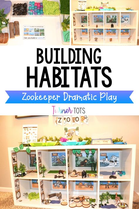 This zoo dramatic play center includes an invitation to build zoo animal habitats! Use natural materials to make the animal enclosures for lions, zebras, penguins, gorillas, and more. These habitat activities for kids will get them learning about where animals live during your zookeeper dramatic play. Preschool Animal Habitats Activities, Animal Pretend Play Ideas, Dramatic Play Animal Theme, Preschool Building Center, Animal Habitat Preschool Activities, Animal Dramatic Play Center, Animal Habitat Dramatic Play, Buildings Dramatic Play Preschool, Zoo Dramatic Play Center