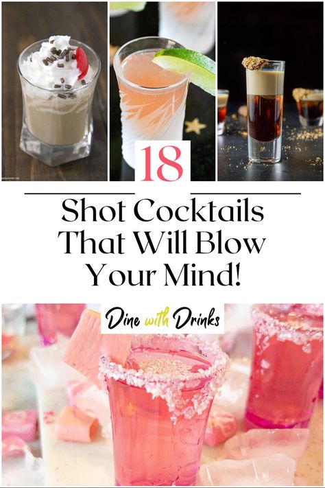 Collage of 4 shot cocktails. Drinks Alcohol Recipes Shots, Birthday Shooters Alcohol, Cute Shots Alcohol, Shots For Party Alcohol, Nye Shots Cocktail Recipes, Drinks Alcohol Recipes Bar, Cocktail Party Setup Ideas, Creative Alcoholic Shots, Glitter Shots Alcohol