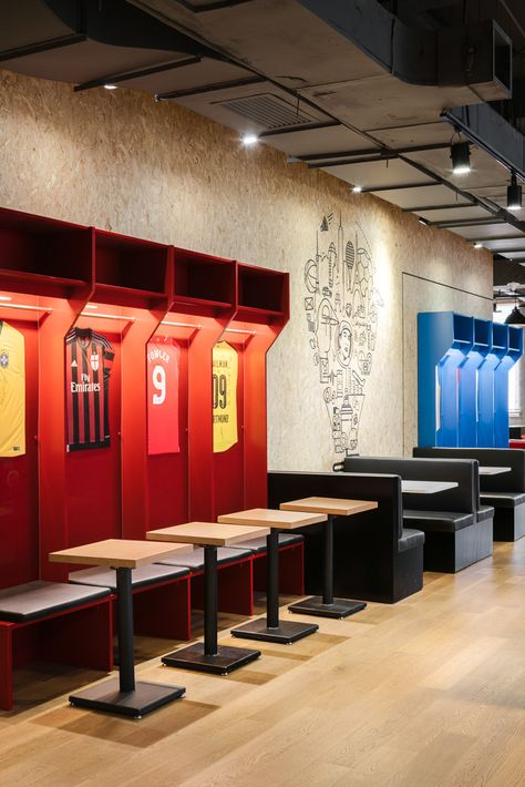 Sports Office Interior Design, Small Sports Bar Ideas, Sports Lounge Design, Sport Office Design, Sports Office Design, Sport Interior Design, Sports Bar Interior Design, Modern Sports Bar, Sports Bar Interior